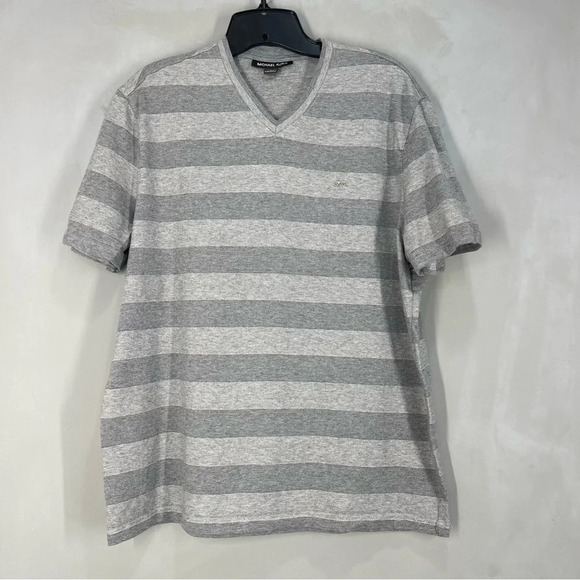 Michael Kors T-Shirt Mens Large Size Gray Striped V-Neck Short Sleeves Casual - Picture 1 of 7